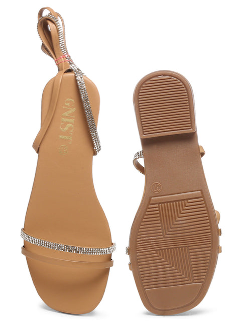 GNIST Beige Embellished Tie up Flat Sandal